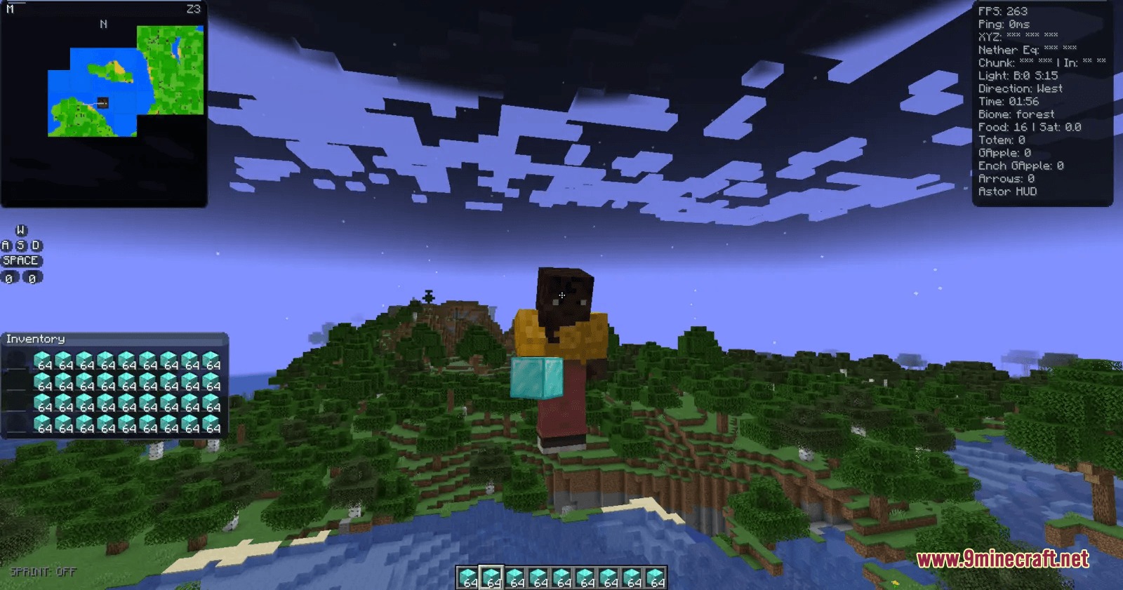 Prism Interface Control Mod Screenshot 1 Minecraft player character floating above a forest with custom interface elements on screen