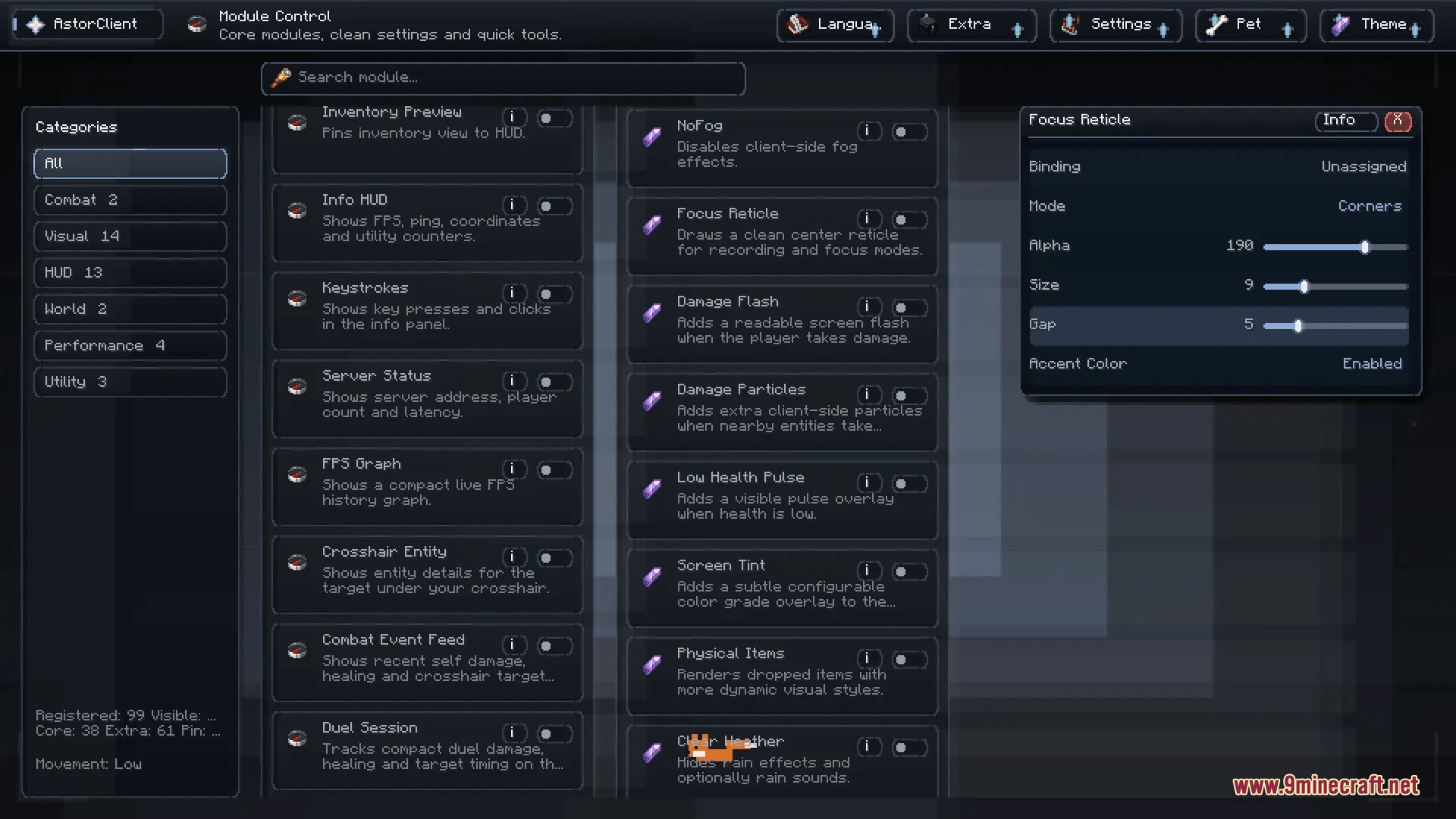Prism Interface Control Mod Screenshot 2 The settings menu for Prism Interface Control showing different module categories and toggles