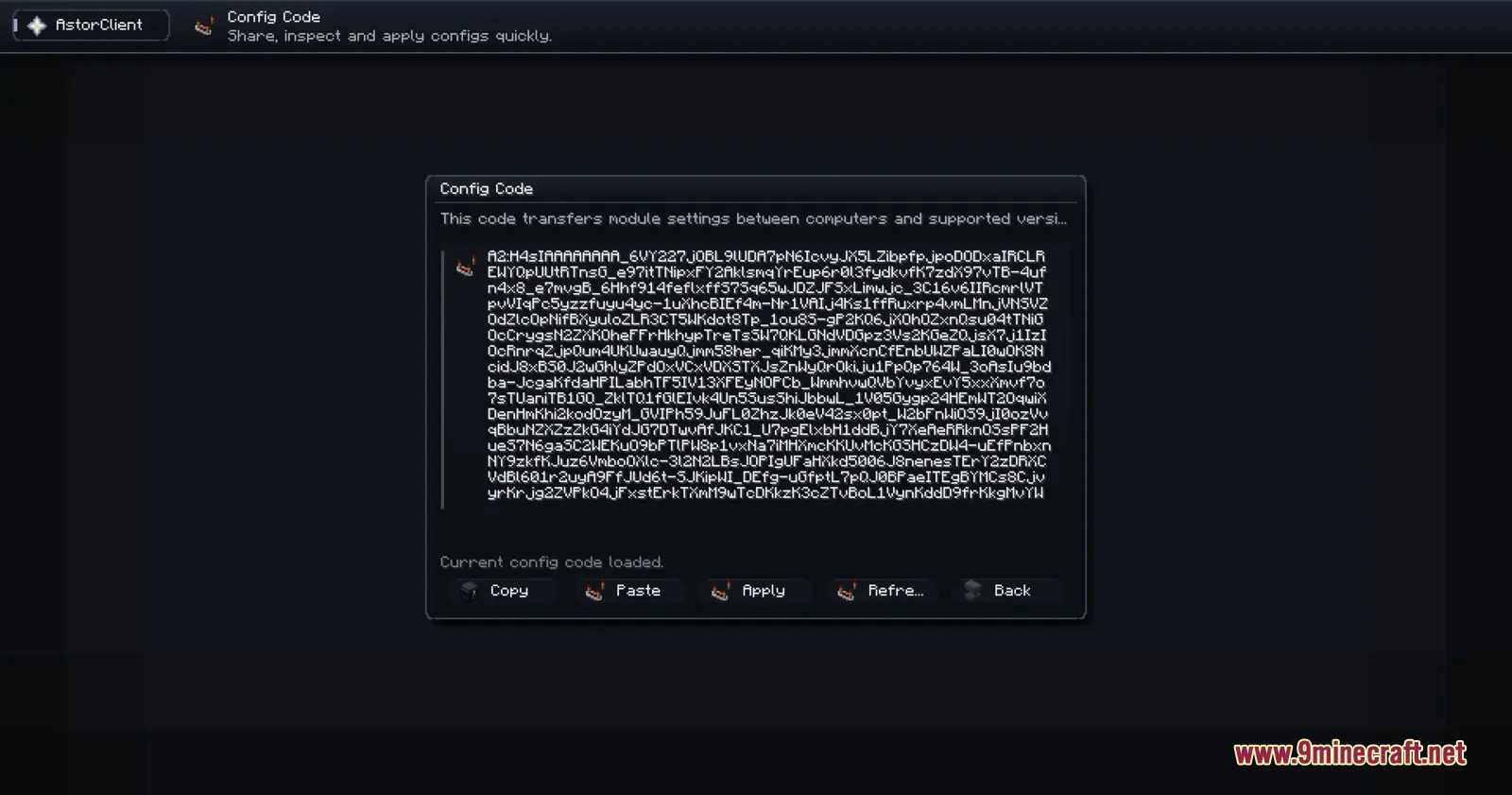 Prism Interface Control Mod Screenshot 4 A configuration code screen used to share and apply module settings quickly