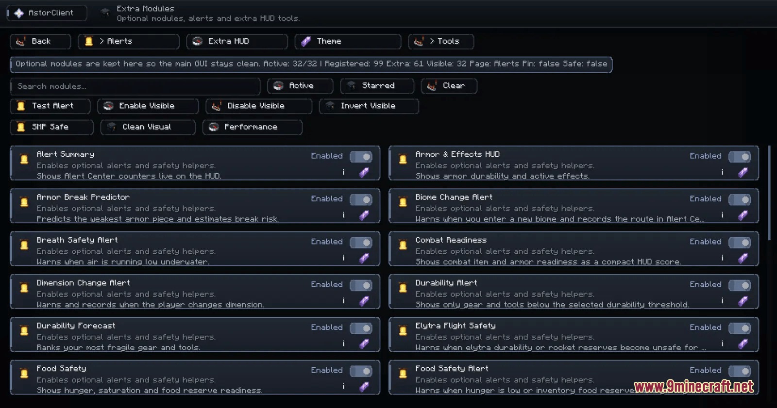 Prism Interface Control Mod Screenshot 5 A module manager menu showing various alert and HUD toggle options for players