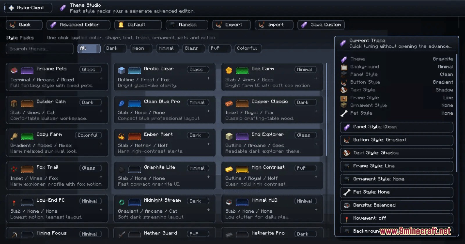Prism Interface Control Mod Screenshot 6 The theme studio interface displaying different style packs and visual customization settings