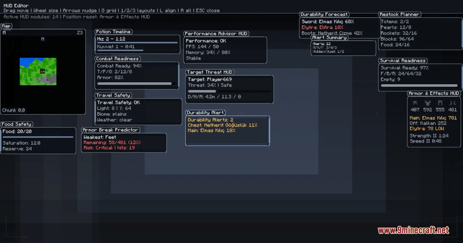 Prism Interface Control Mod Screenshot 7 The HUD editor menu displaying multiple status modules for player information