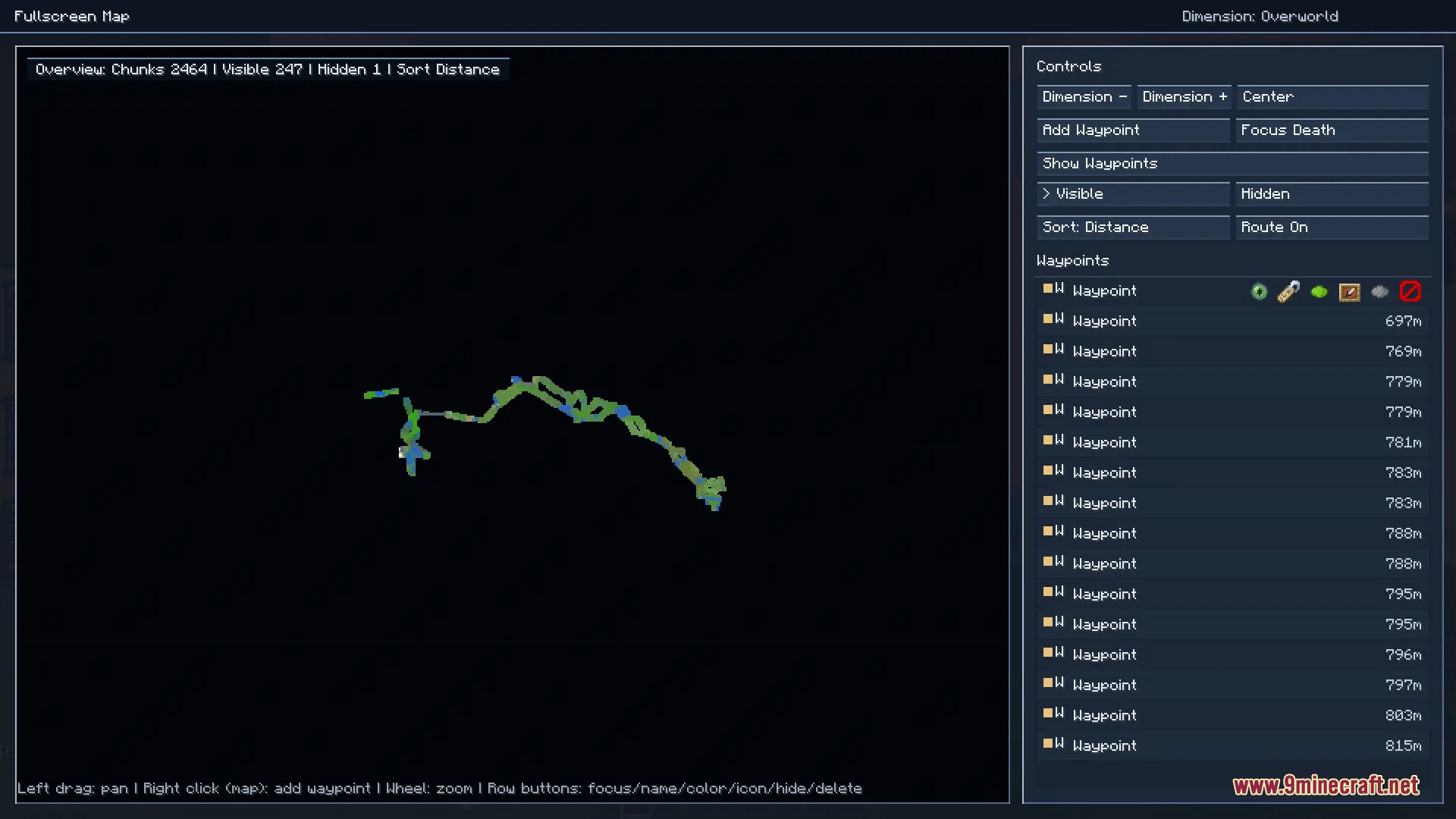 Prism Interface Control Mod Screenshot 8 The fullscreen map interface showing a list of waypoints and navigation routes