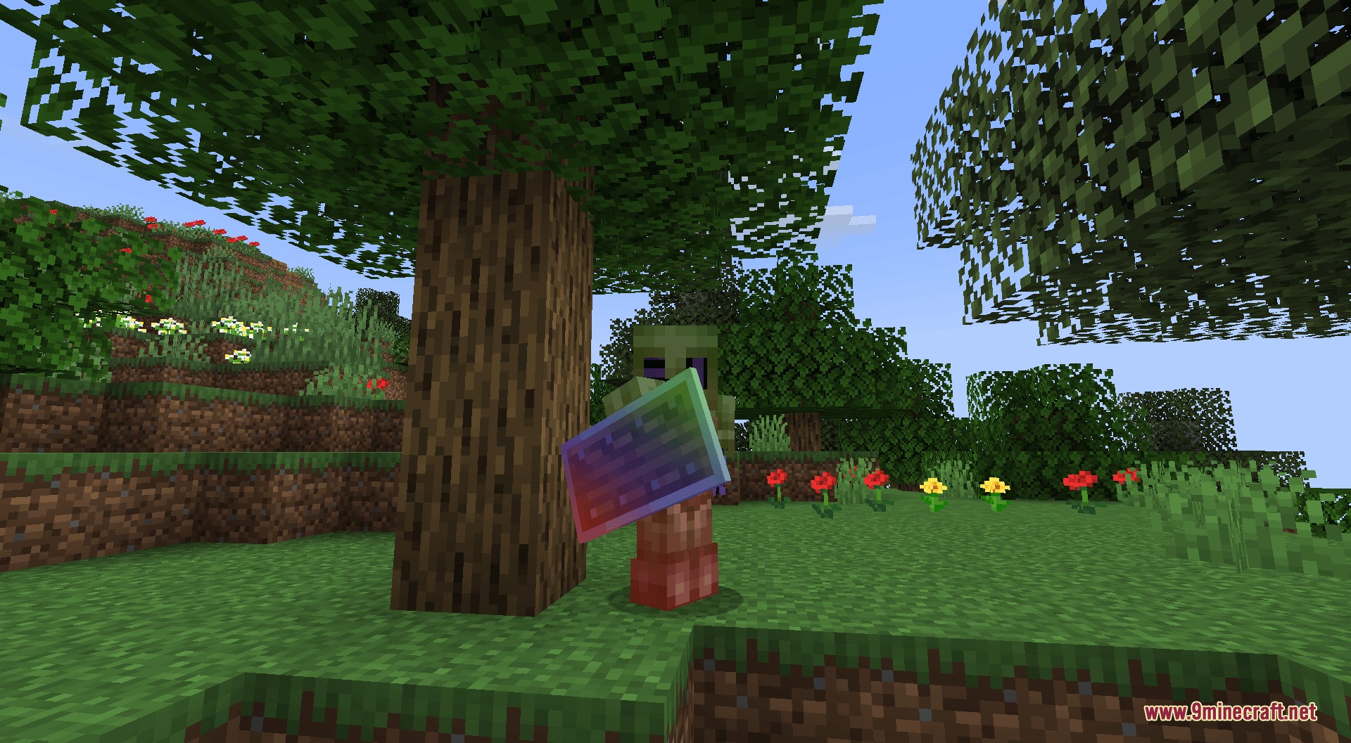 A zombie wearing enchanted armor and holding a rainbow shield under a tree
