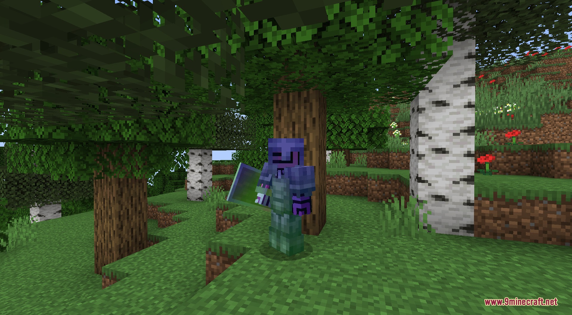 A zombie wearing full enchanted armor with a colorful rainbow shimmer in a forest