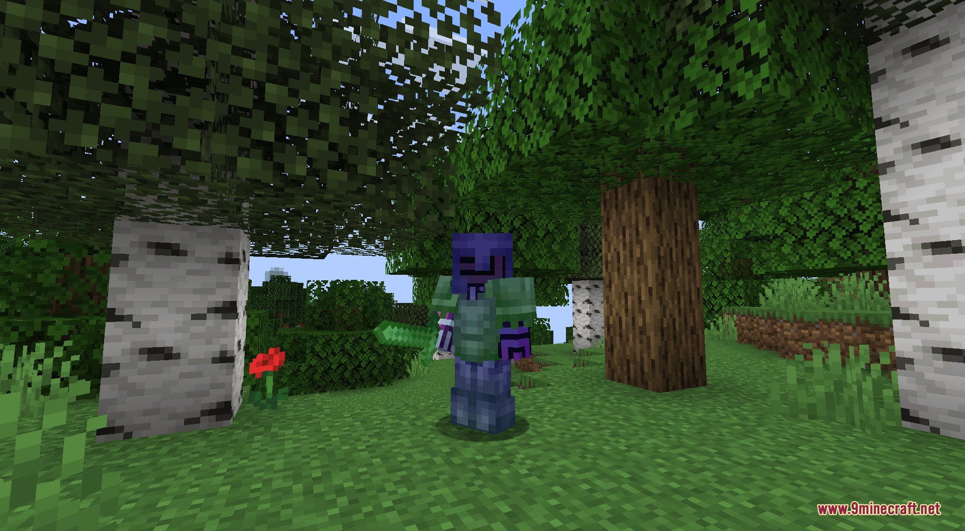 Minecraft character wearing enchanted armor with a colorful rainbow sparkle effect