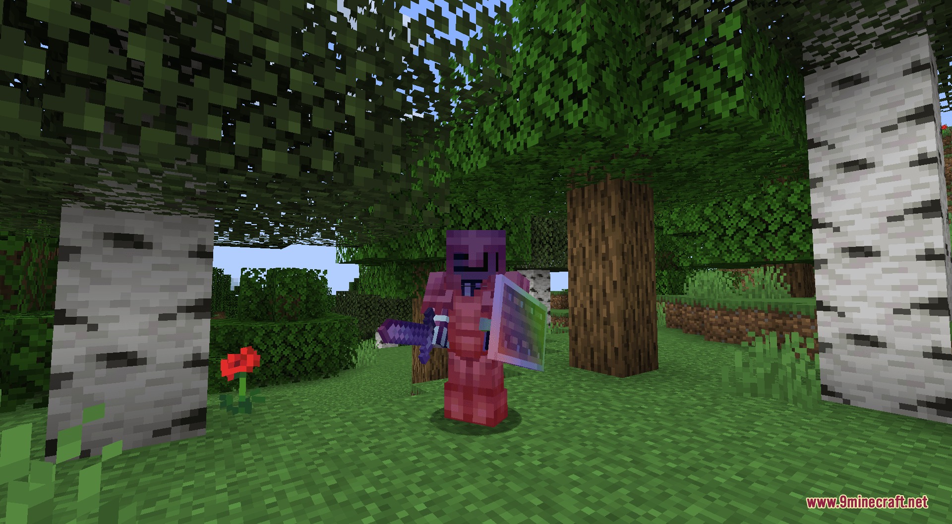 Player wearing red enchanted armor and holding a shield with rainbow glint