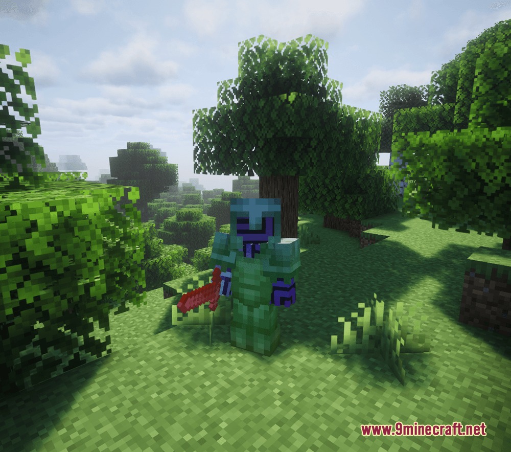 A player in full enchanted armor holds a red sword in the forest