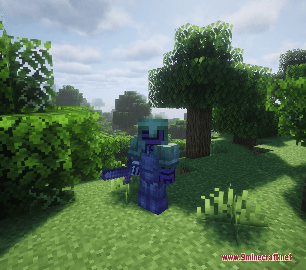 A player wearing enchanted armor with a rainbow glint in a forest