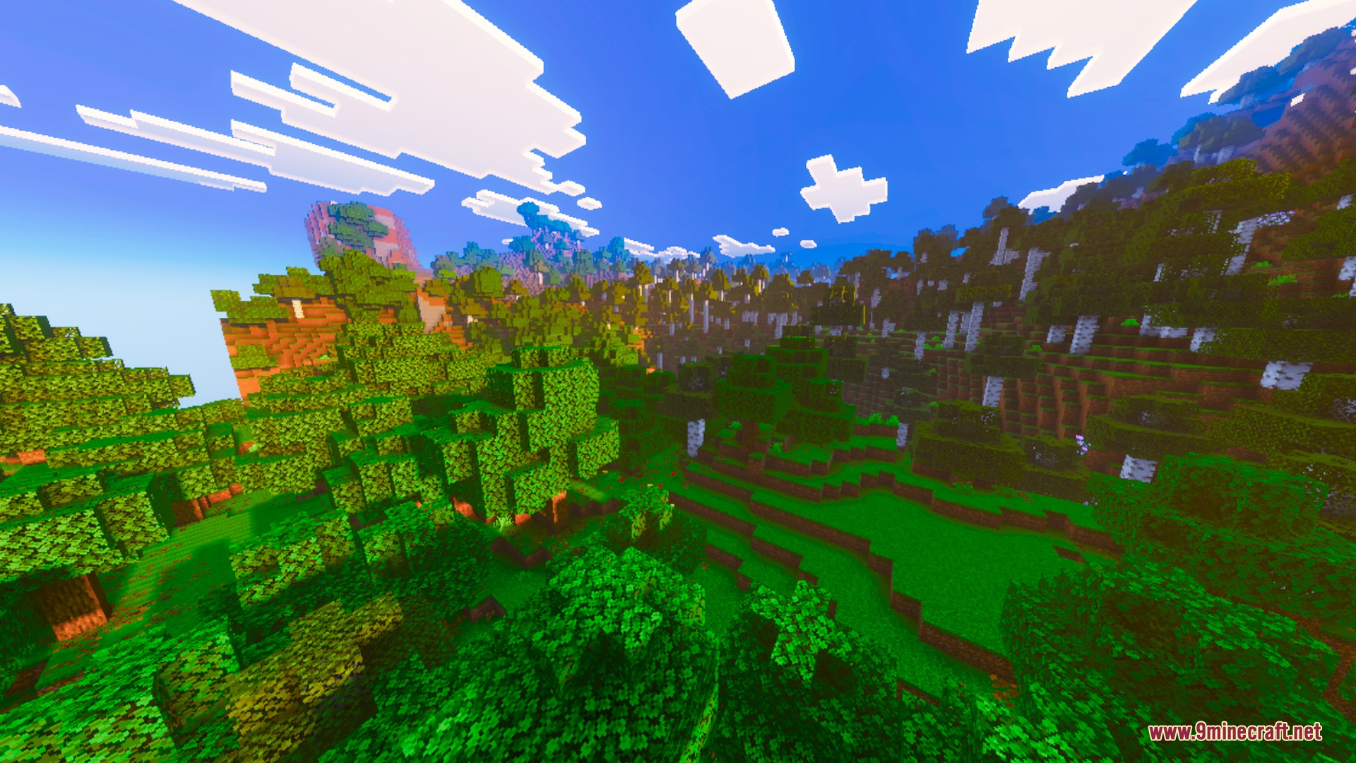 A lush green forest biome with rolling hills under a bright blue sky