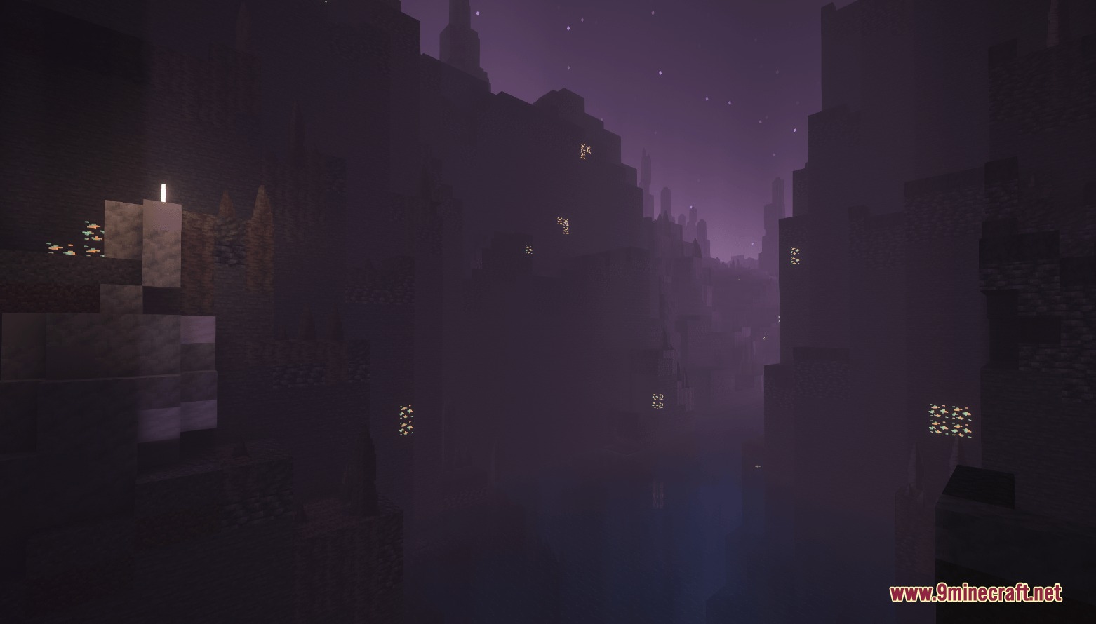 Prismatic Wormhole Voids Mod Screenshot 2 Steep stone cliffs and deep ravines fill the dark foggy alien canyon biome