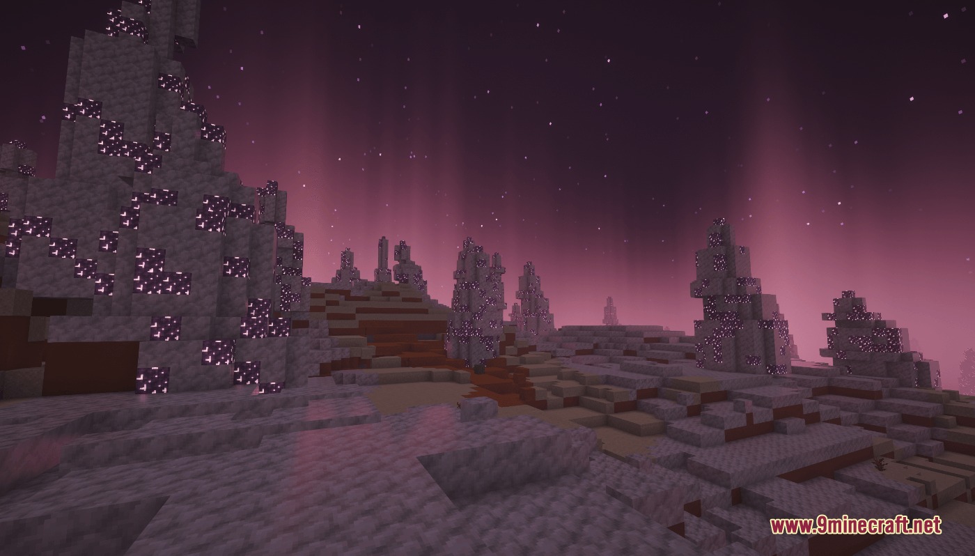 Prismatic Wormhole Voids Mod Screenshot 3 Rocky alien terrain with purple crystal highlights in the Ultra Space dimension