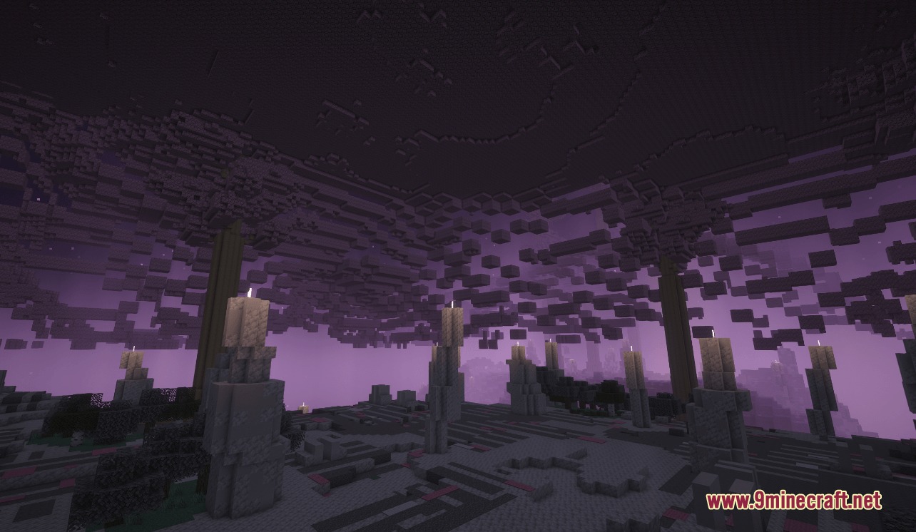 Prismatic Wormhole Voids Mod Screenshot 4 Lit candles on stone pillars beneath a floating block ceiling in Ultra Space