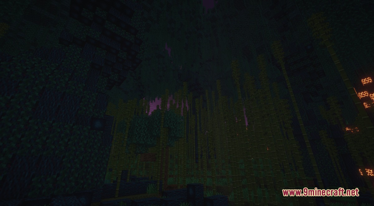 Prismatic Wormhole Voids Mod Screenshot 5 A mysterious dark jungle biome with tall bamboo and a glowing purple sky