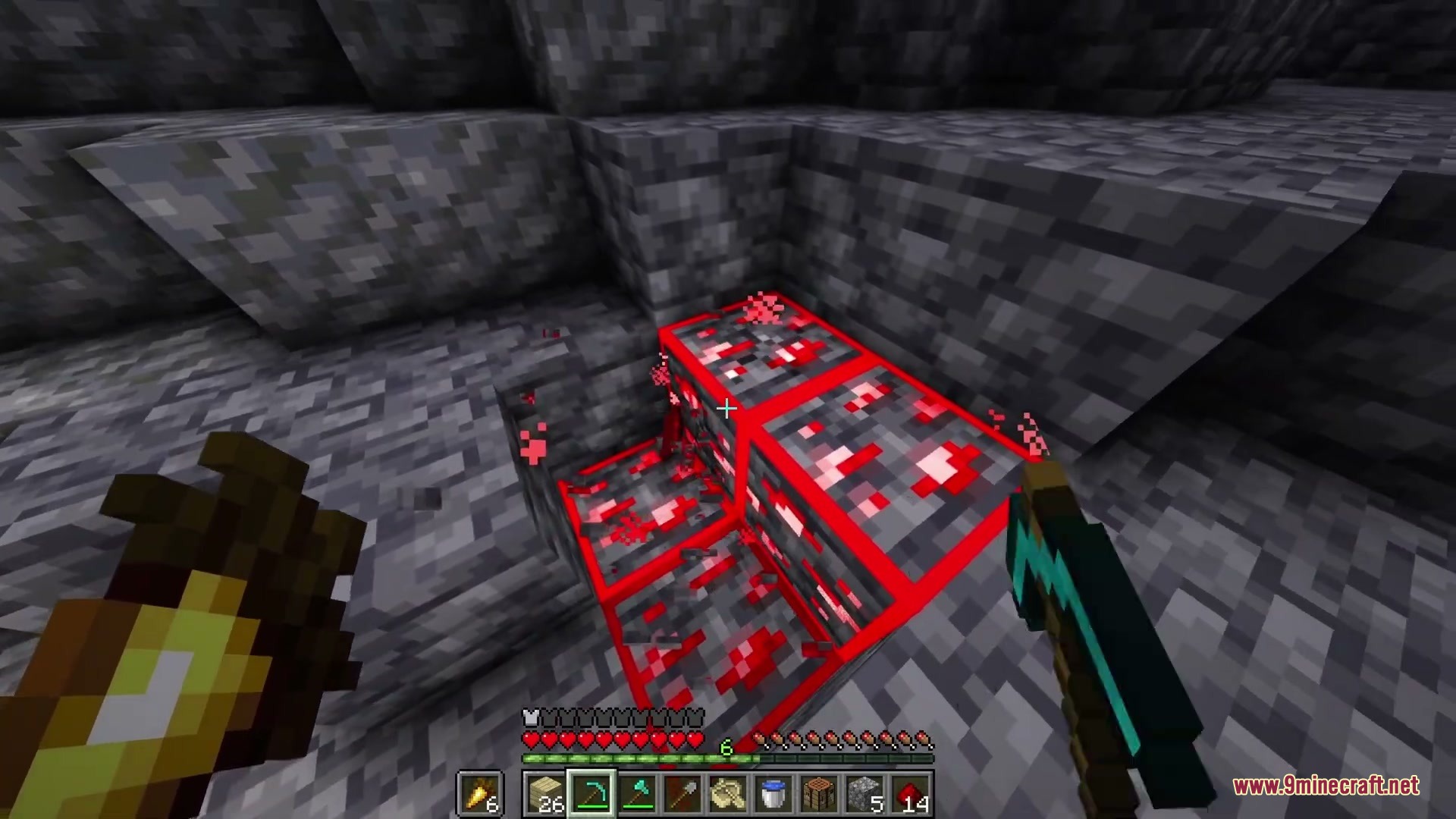 Pristine Vein Deposits Resource Pack Screenshot 3 Pristine Vein Deposits Resource Pack highlights redstone ore with bright red outlines