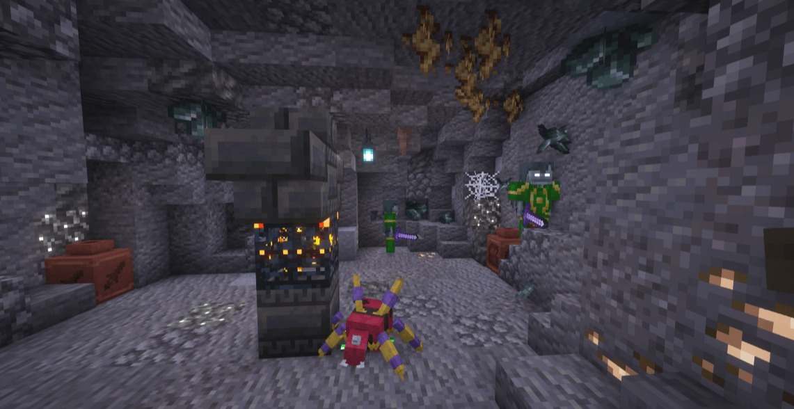 Professor Porker's Legendary Dungeons Data Pack Screenshot 1 A colorful spider and armored zombie guard a spawner in a dark cave