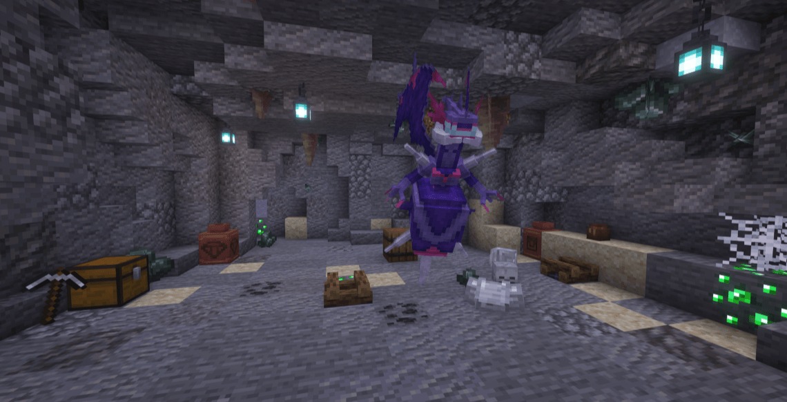 Professor Porker's Legendary Dungeons Data Pack Screenshot 2 A legendary boss floats in a treasure room filled with emerald ore blocks