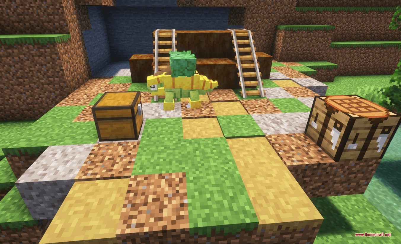 Professor Porker's Legendary Dungeons Data Pack Screenshot 4 A yellow creature stands near a chest and crafting table in Minecraft