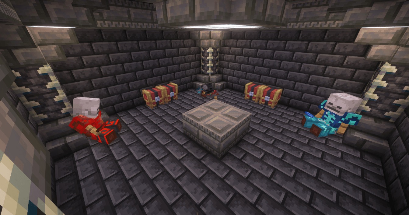 Professor Porker's Legendary Dungeons Data Pack Screenshot 5 Armored skeletons sit near treasure chests in a dark deepslate dungeon room