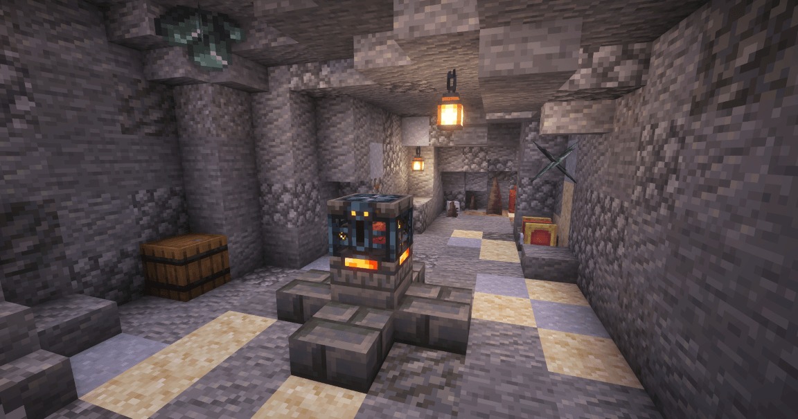Professor Porker's Legendary Dungeons Data Pack Screenshot 6 A trial spawner stands in a stone corridor with suspicious sand blocks
