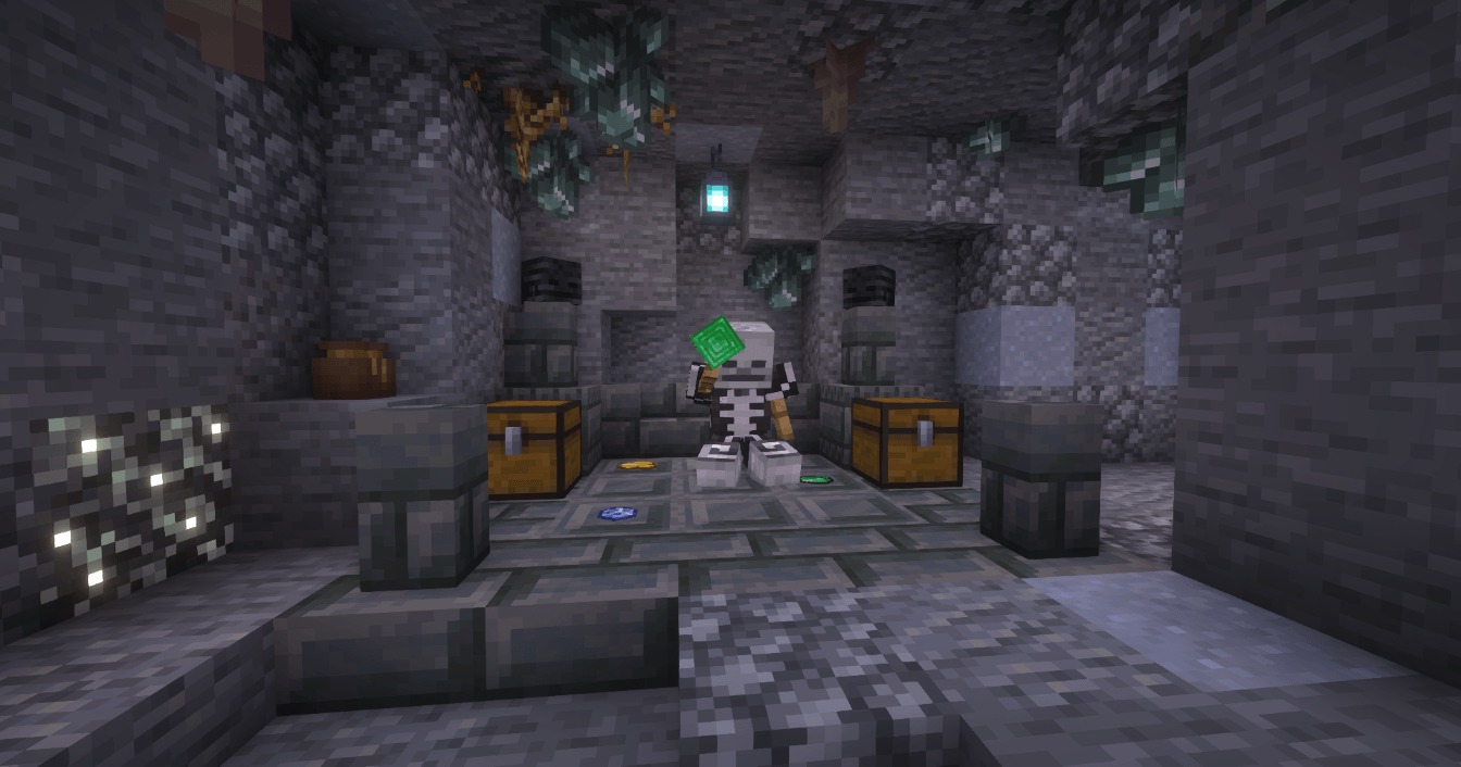 Professor Porker's Legendary Dungeons Data Pack Screenshot 7 A skeleton sitting on a colored tile puzzle inside a stone dungeon