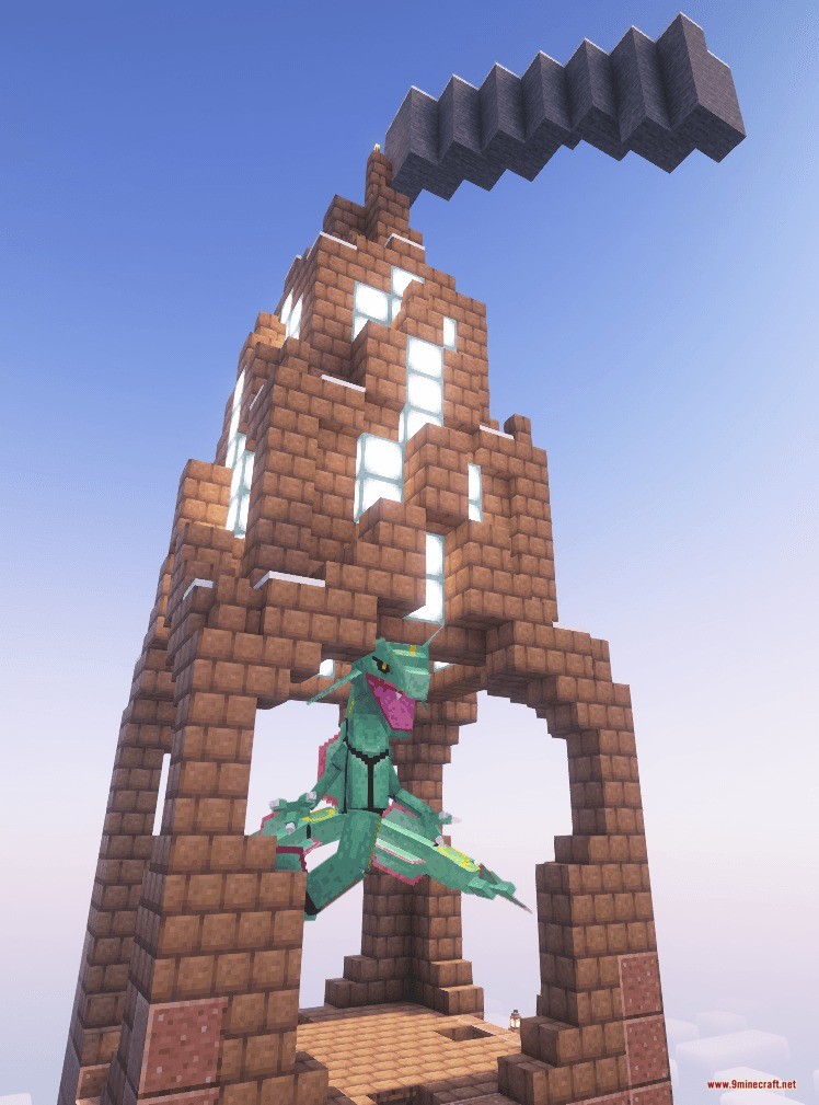 Professor Porker's Legendary Dungeons Data Pack Screenshot 8 Rayquaza perched inside a large brick dungeon tower against a clear sky