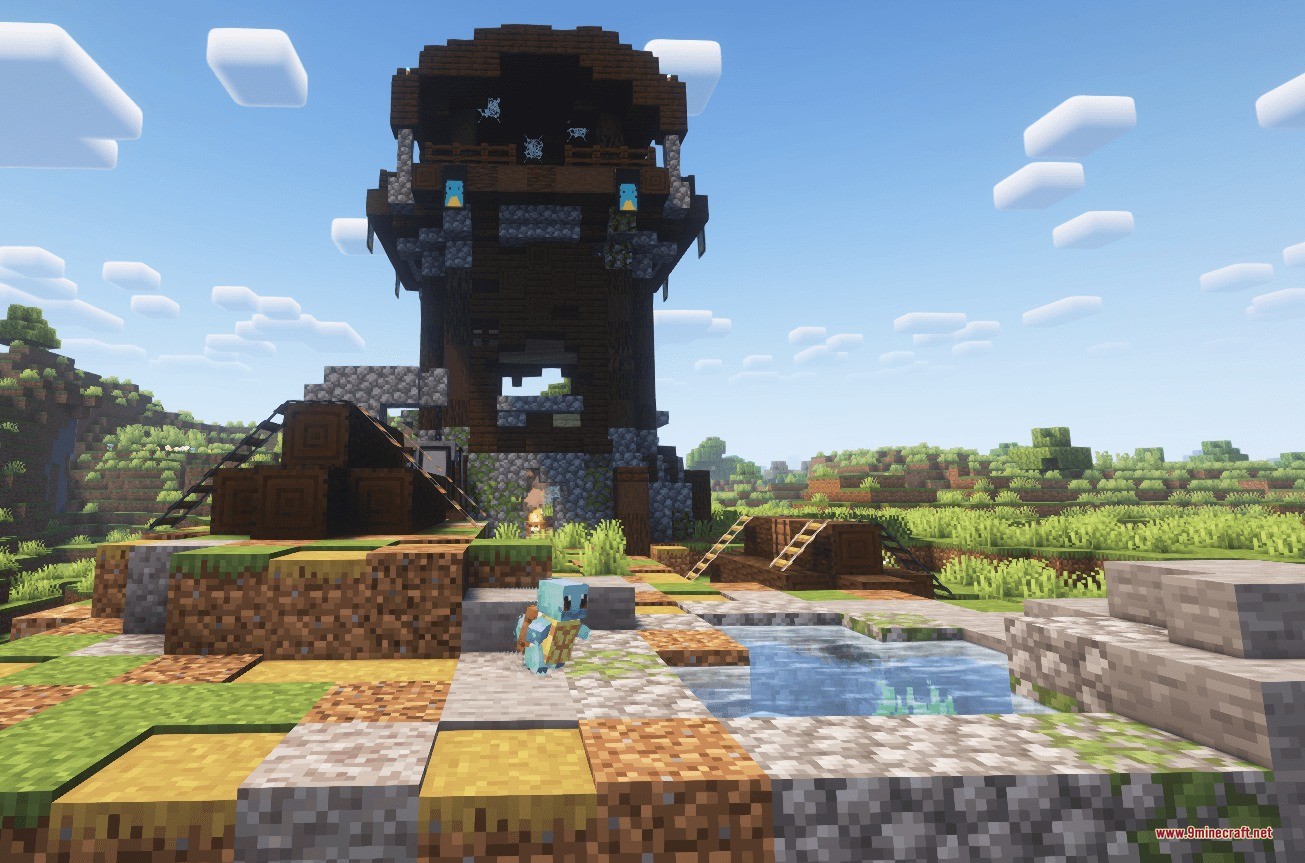 Professor Porker's Legendary Dungeons Data Pack Screenshot 9 A Squirtle stands near a massive wooden dungeon tower in the Minecraft world