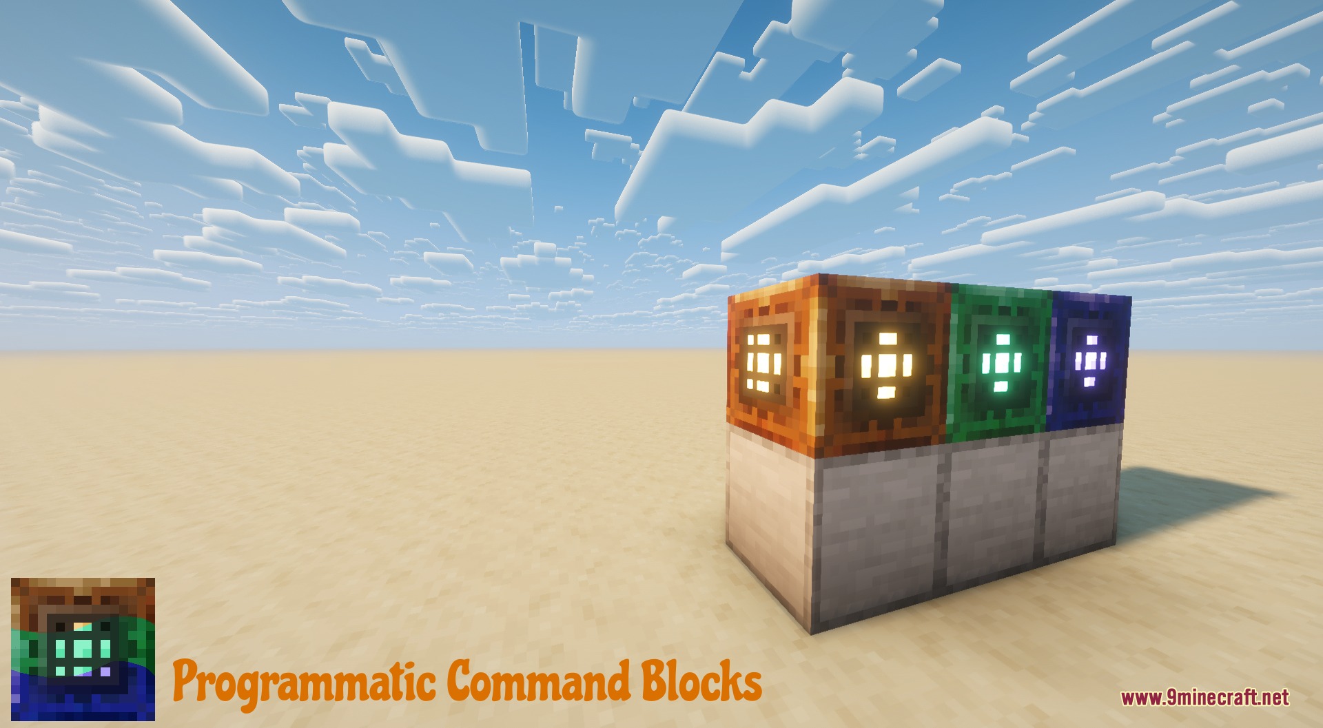 Programmatic Command Blocks displayed on stone pedestals in a vast desert landscape