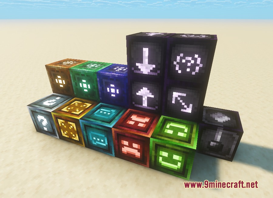 Various technical blocks with glowing symbols stacked together in a flat desert world
