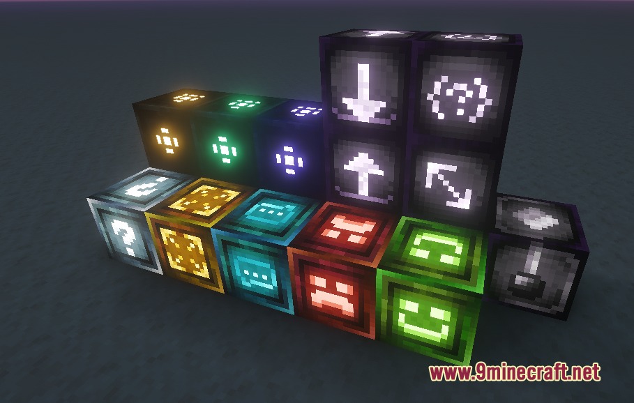 The redesigned command blocks glow brightly in a dark Minecraft environment