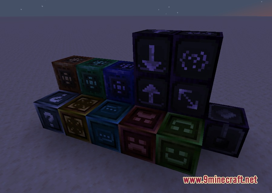 A variety of technical blocks with dark industrial textures and symmetrical symbols