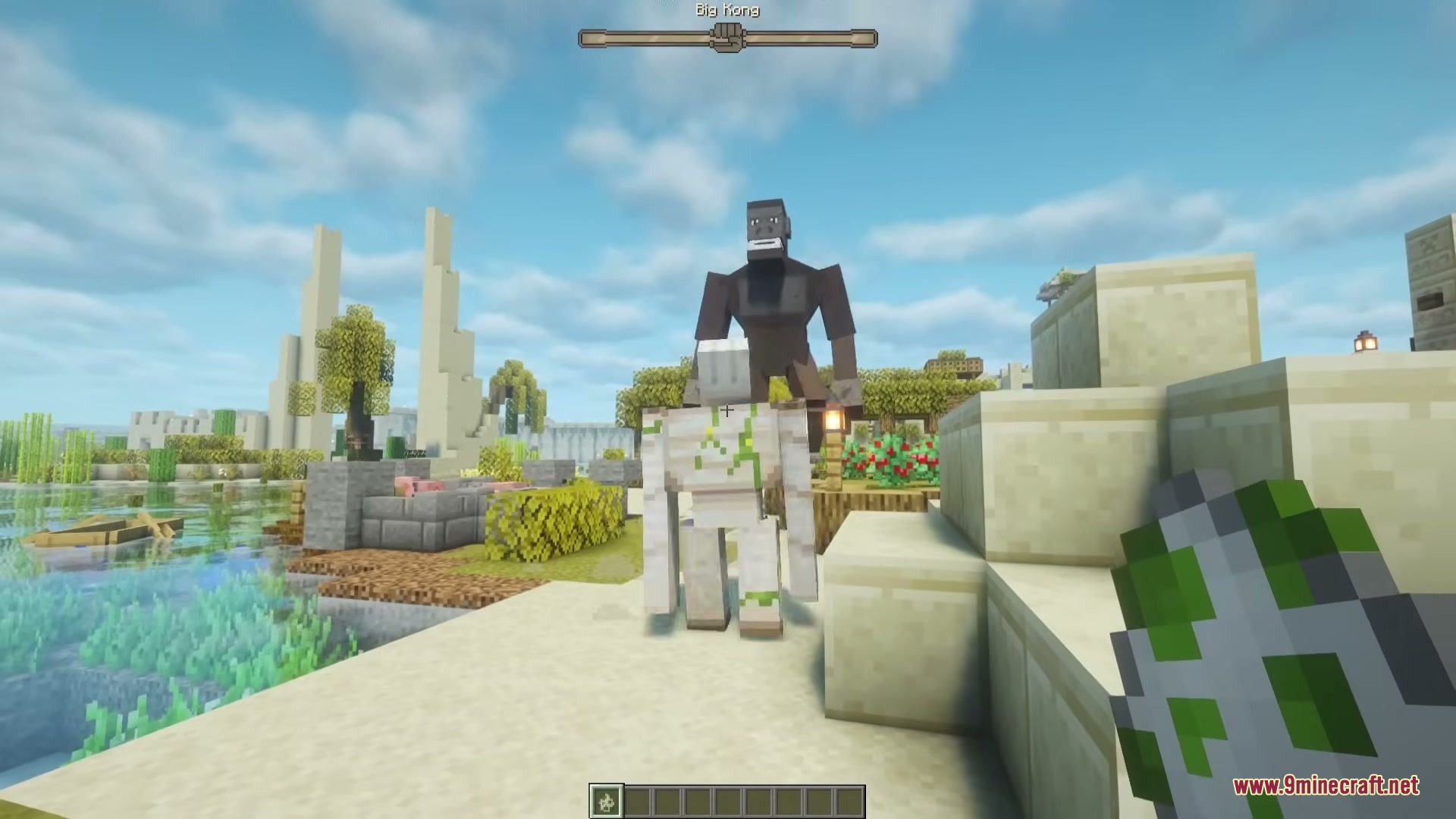 Project Big Kong Mod Screenshot 1 A giant brown ape boss stands behind an iron golem in Minecraft