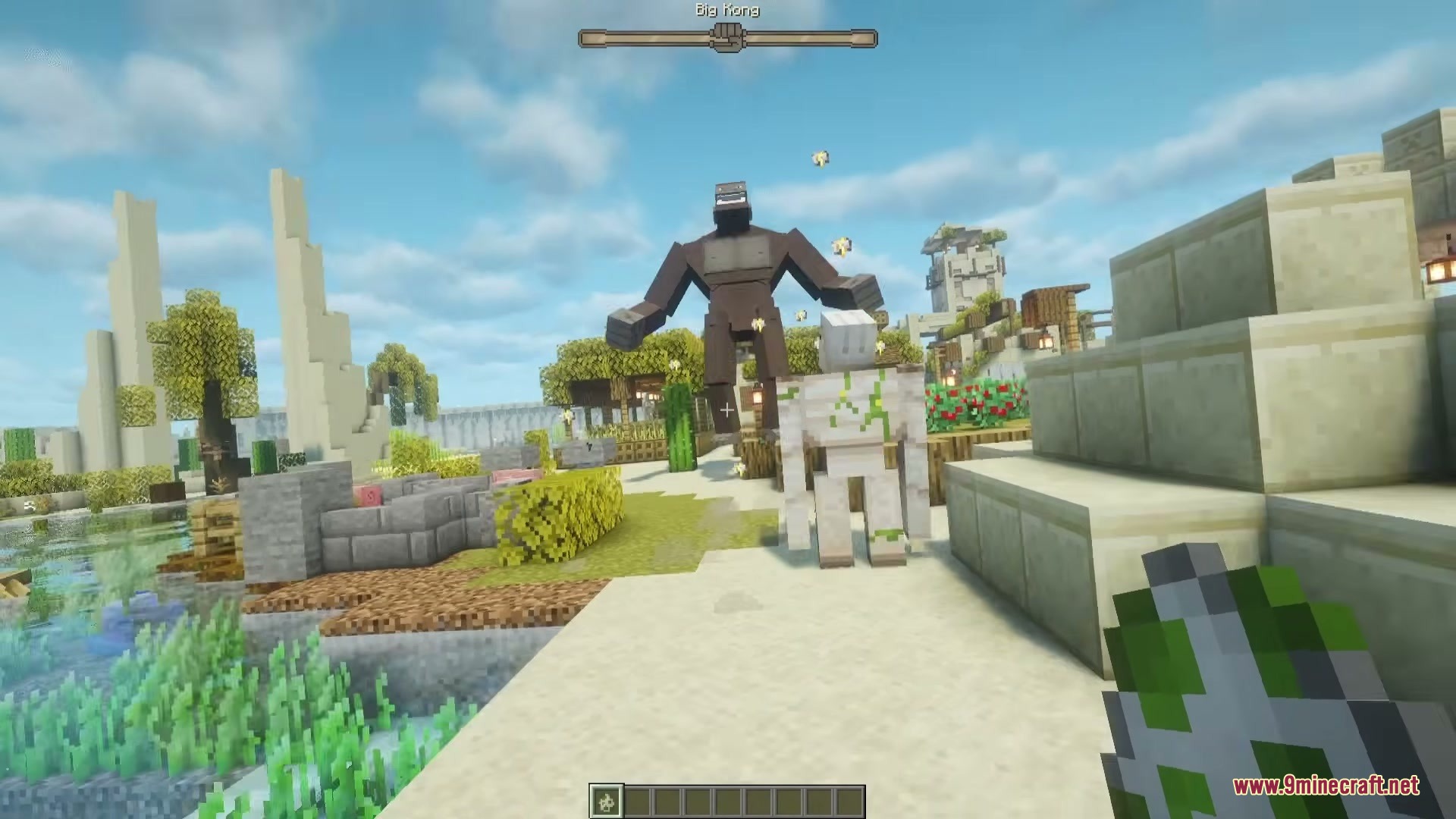 Project Big Kong Mod Screenshot 2 The massive ape boss performs a leap attack against an iron golem