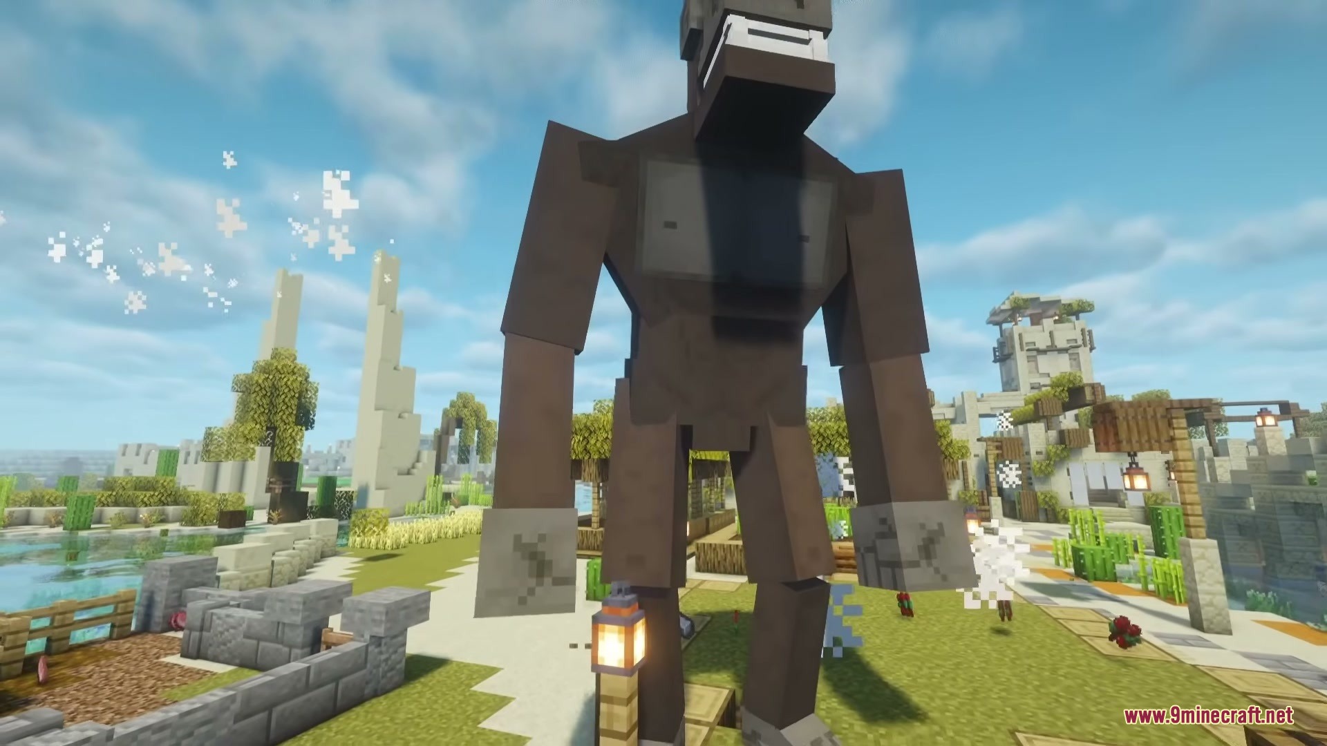 Project Big Kong Mod Screenshot 3 A massive blocky ape boss standing in a peaceful Minecraft village