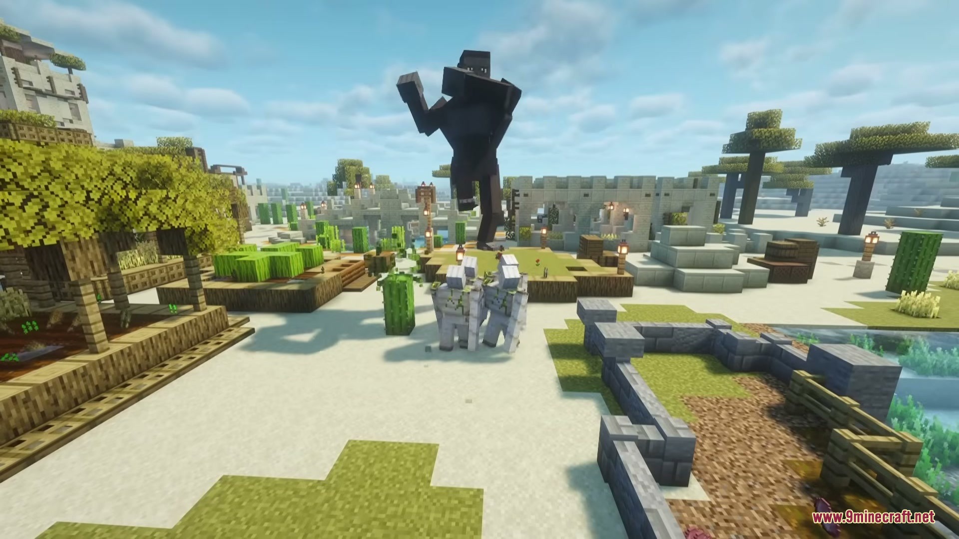 Project Big Kong Mod Screenshot 5 Giant black ape boss stands in a desert village with iron golems nearby