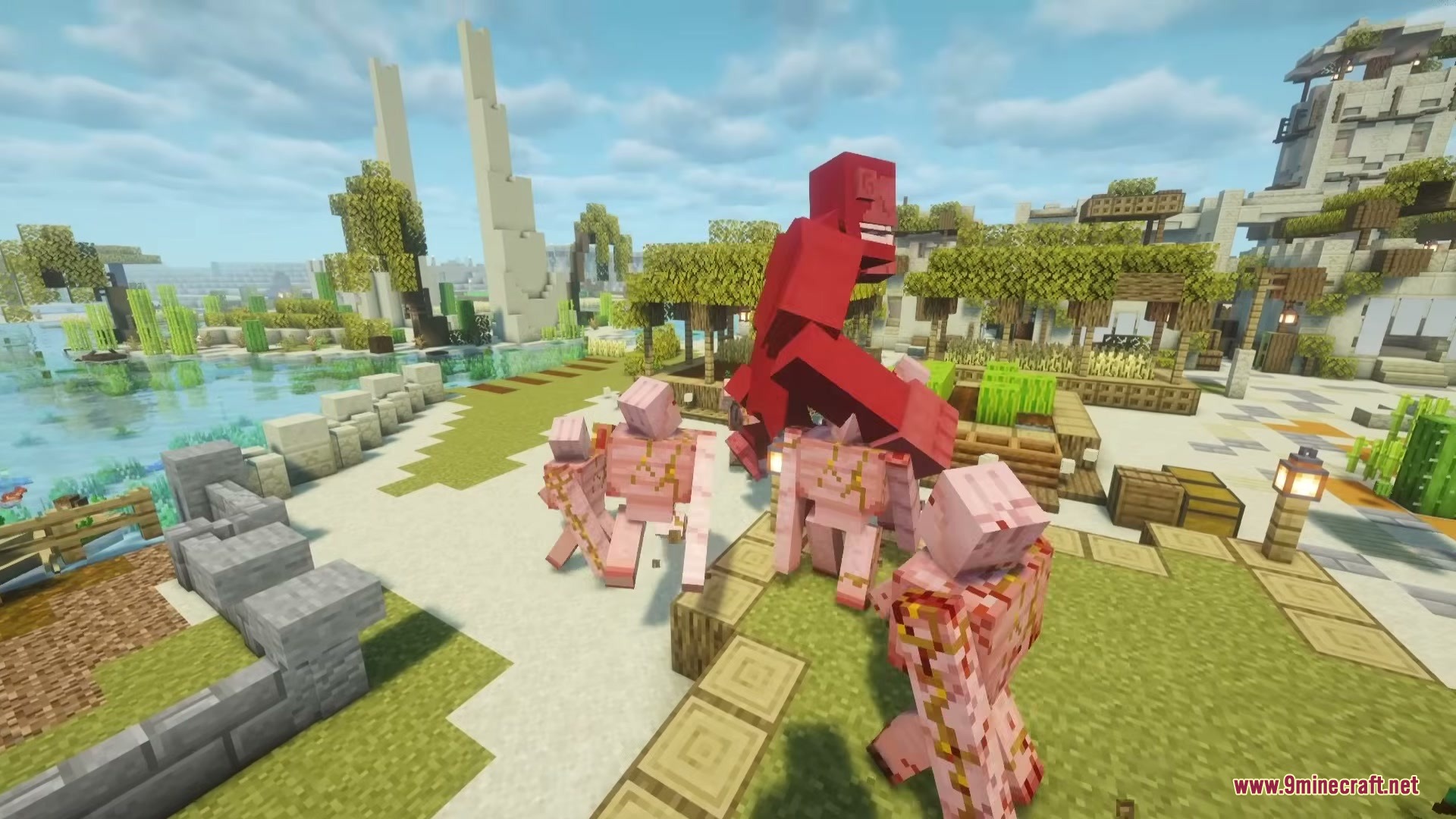 Project Big Kong Mod Screenshot 6 Massive ape boss attacks multiple iron golems in a desert village setting