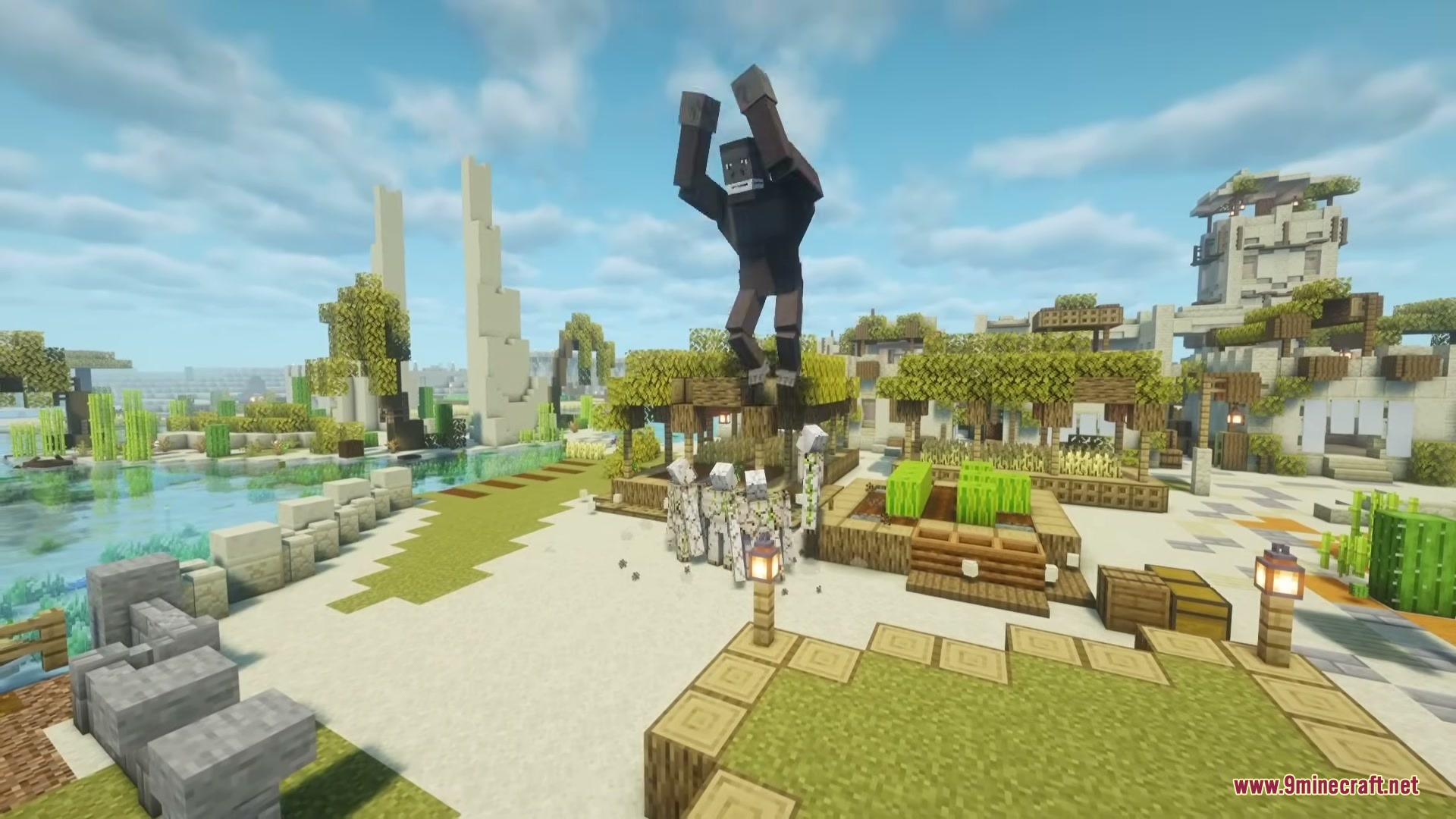 Project Big Kong Mod Screenshot 8 The massive ape leaps high into the air above a Minecraft village