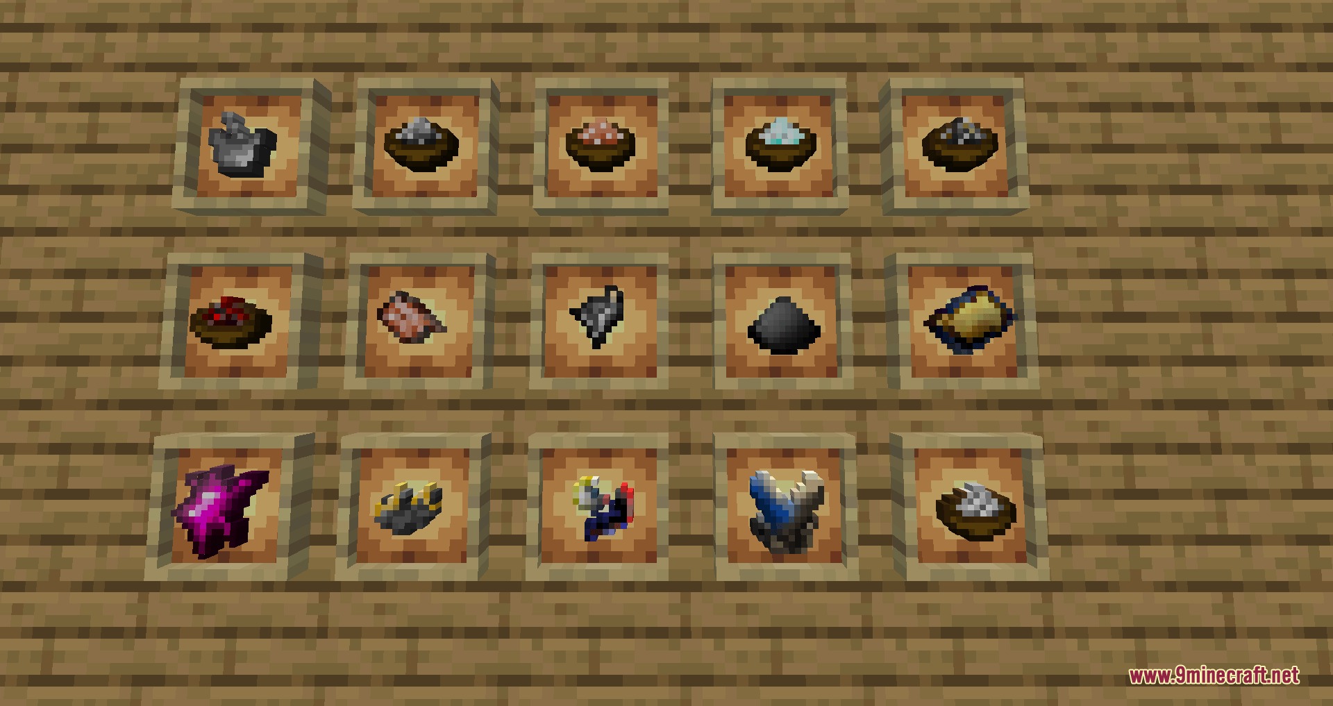 Project Blades Mod Screenshot 1 Item frames displaying various new crafting materials and powders on wooden planks