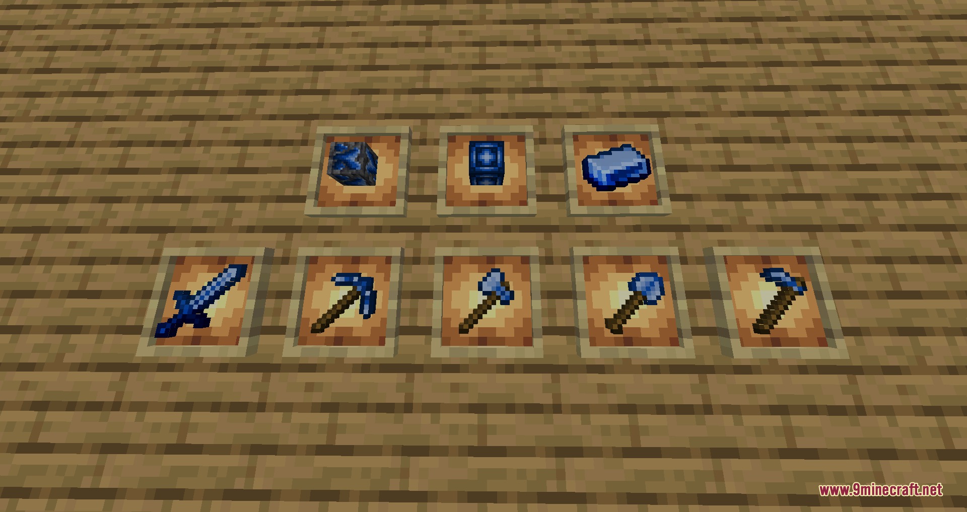 Project Blades Mod Screenshot 2 Blue sapphire tools and weapons showcased in item frames on wooden planks