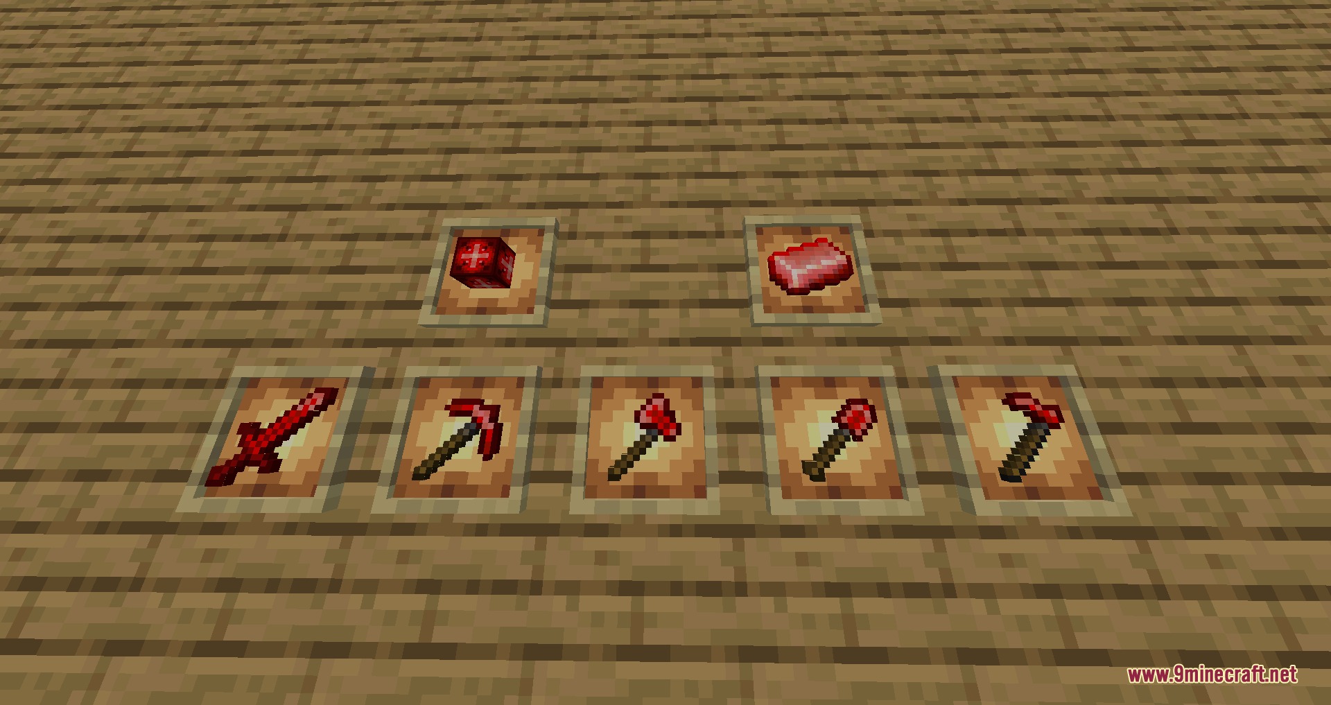 Project Blades Mod Screenshot 4 Ruby tools and crafting materials displayed in item frames on wooden floor