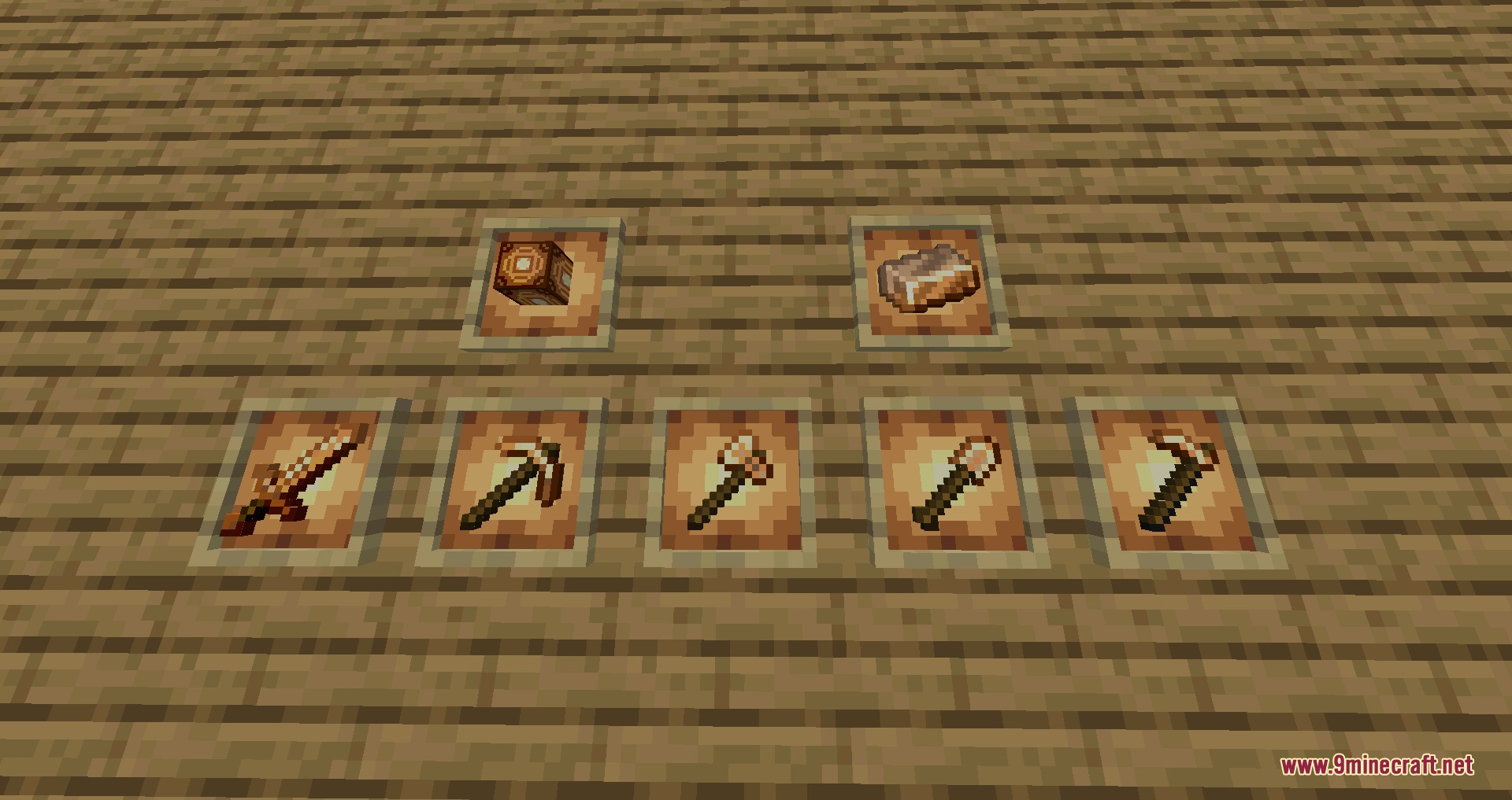 Project Blades Mod Screenshot 5 Bronze tools and materials displayed in item frames on a wooden wall