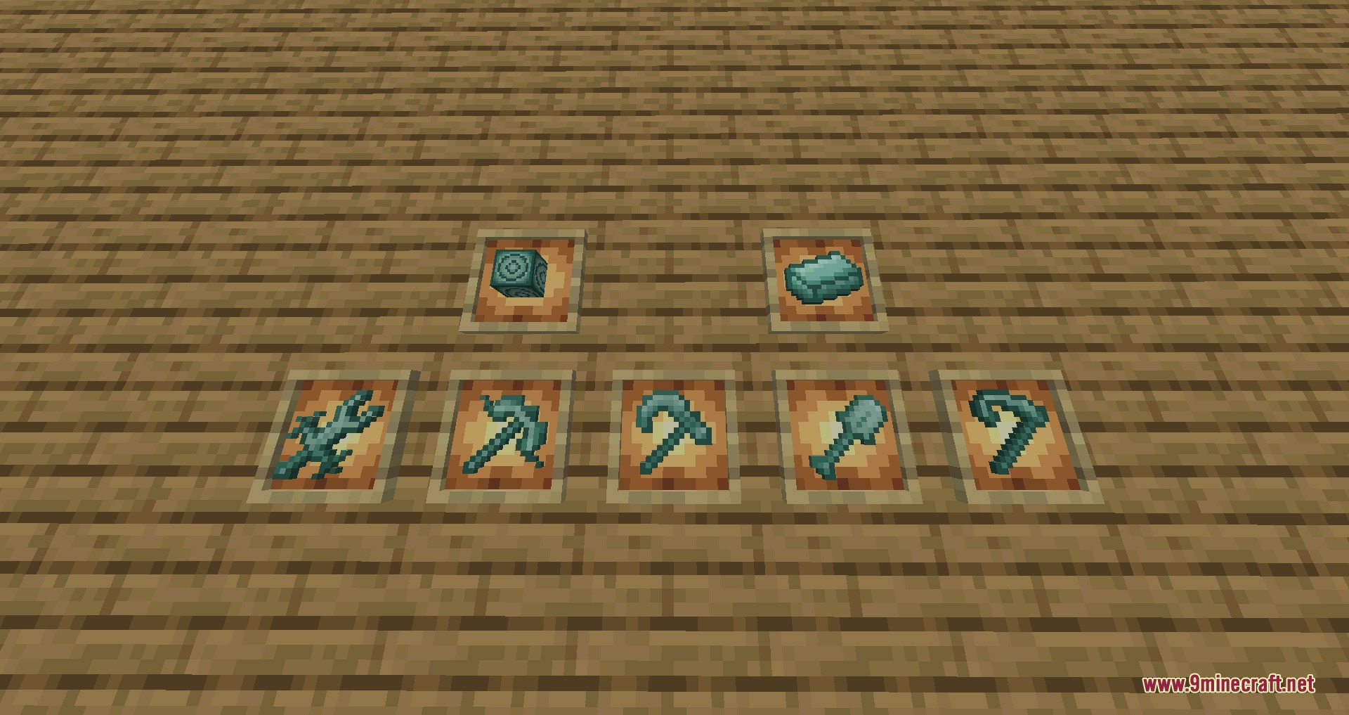 Project Blades Mod Screenshot 6 Prismarine tools and materials showcased in item frames on a wooden wall