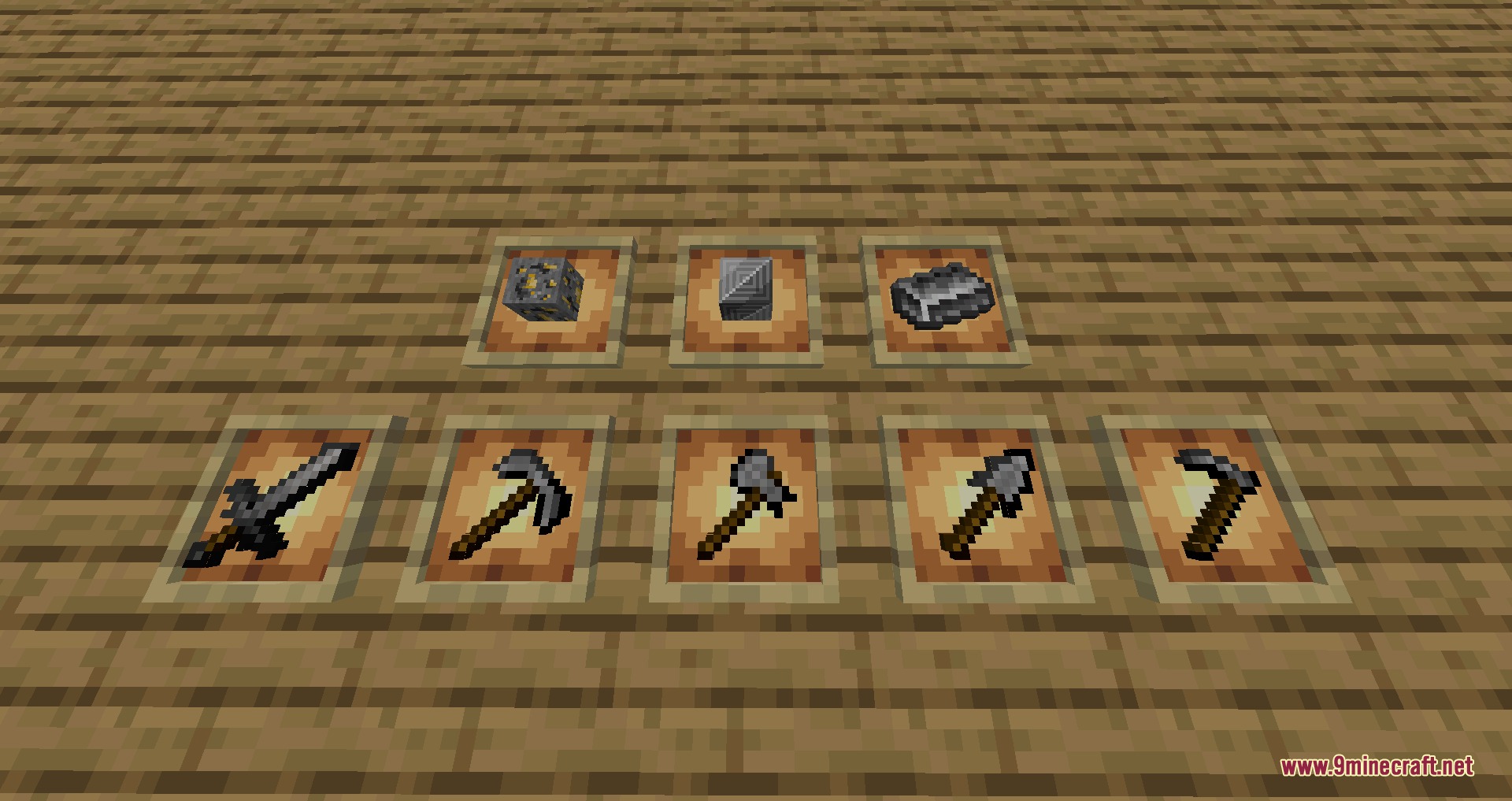 Project Blades Mod Screenshot 7 Dark grey metal tools and crafting materials displayed in item frames