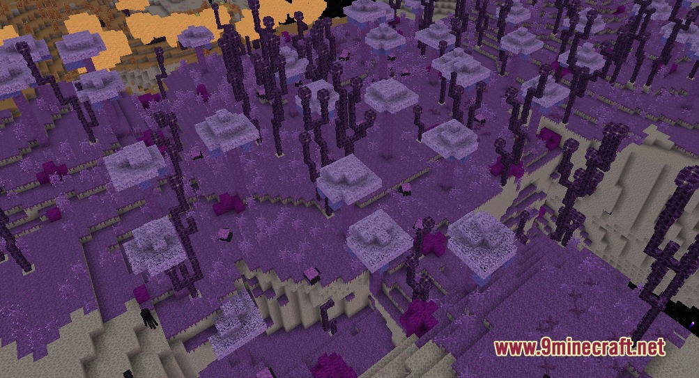 A dense purple forest biome with unique trees in the End dimension