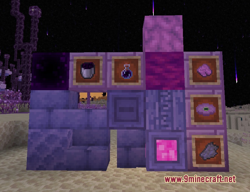 New purple building blocks and items displayed on a stone structure