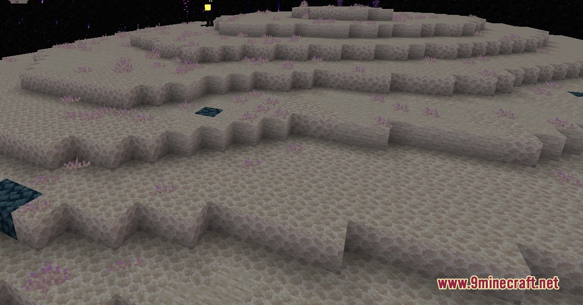 Smooth end stone terrain with small purple plants in the End