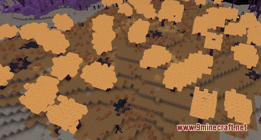 Endermen wandering through a forest of orange orchestra trees