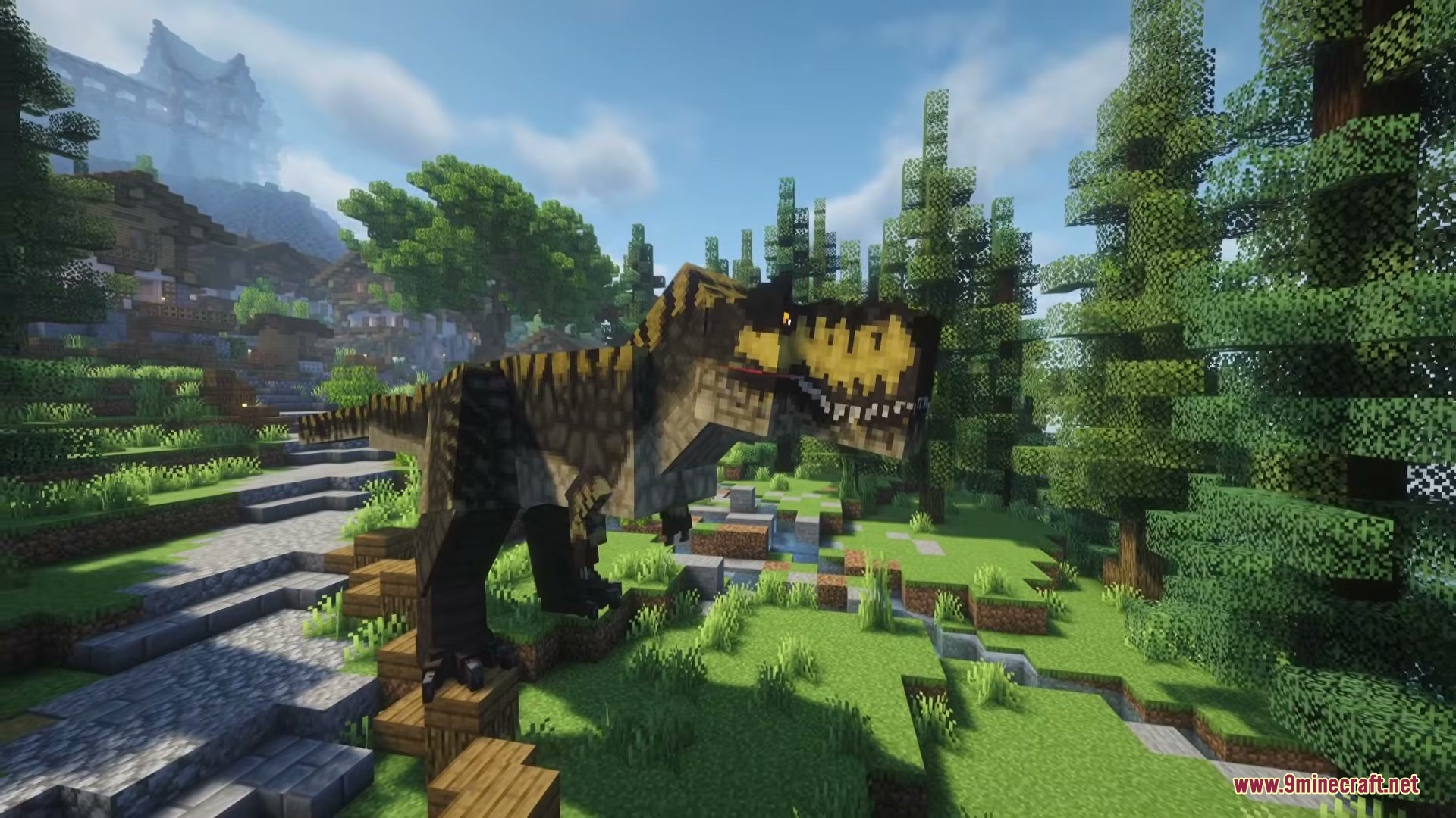 A massive Tyrannosaurus rex stands in a lush forest near a village