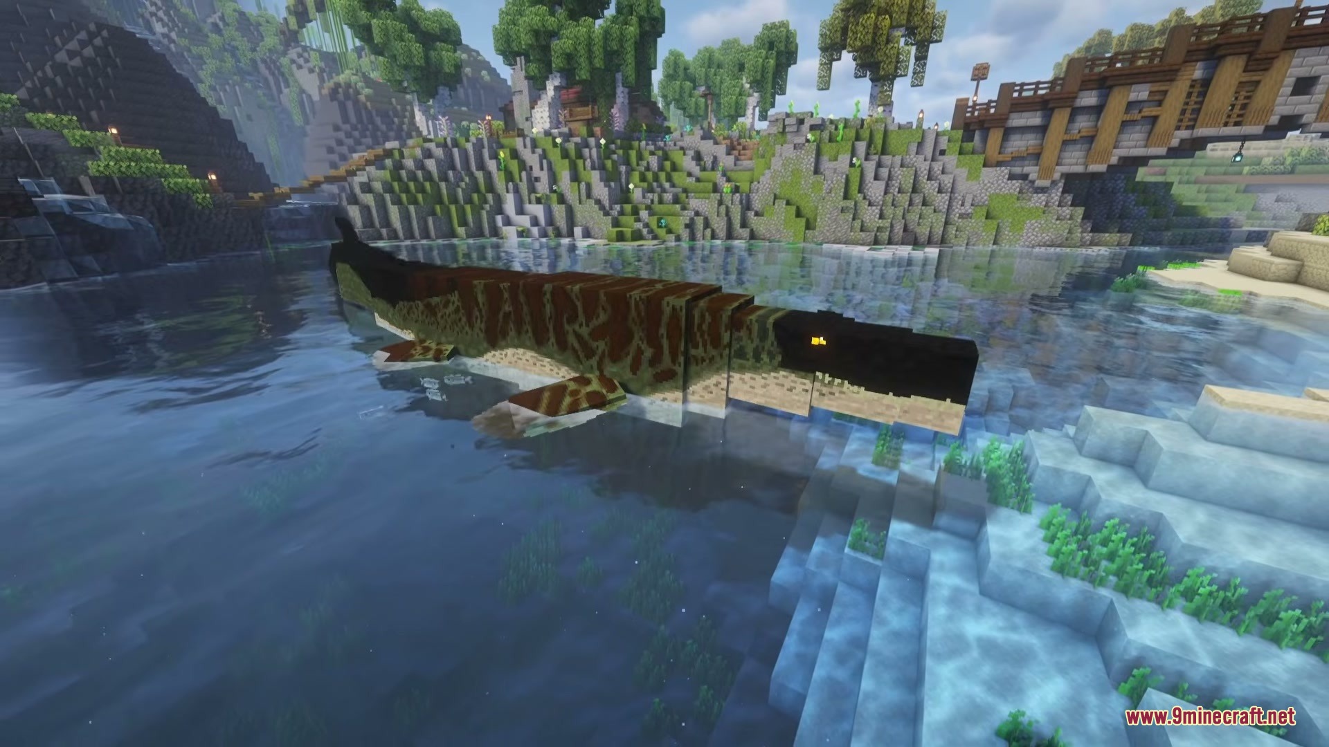 A giant aquatic Mosasaurus swimming in a river near a wooden bridge