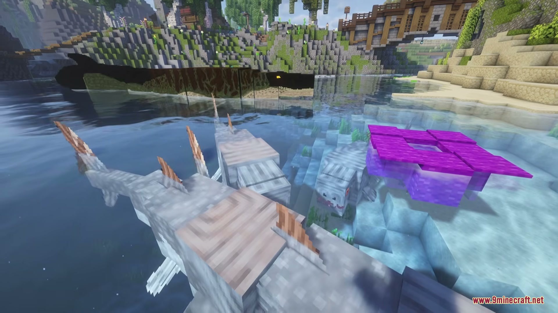 Prehistoric aquatic creatures swim in a river near a wooden bridge in Minecraft